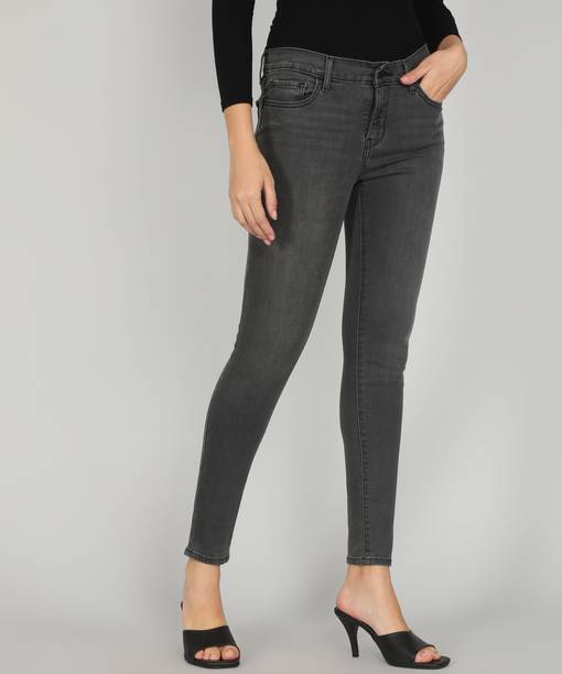 710 Women Super Skinny Mid Rise Black Jeans