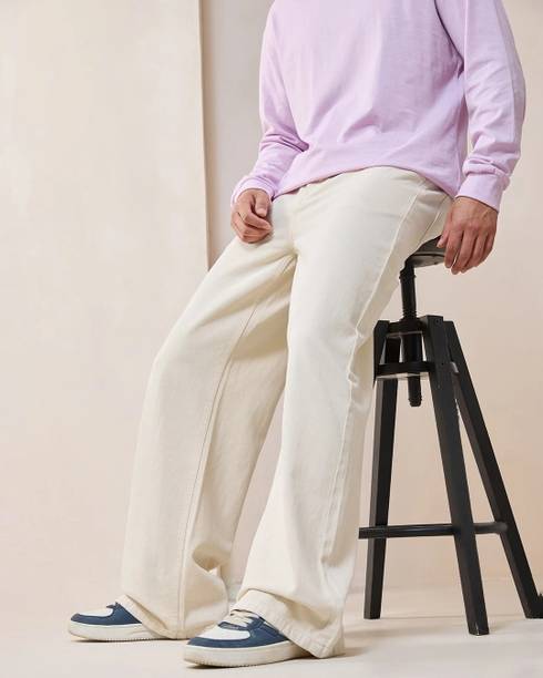 Super Baggy Men Loose Fit Mid Rise Beige Jeans