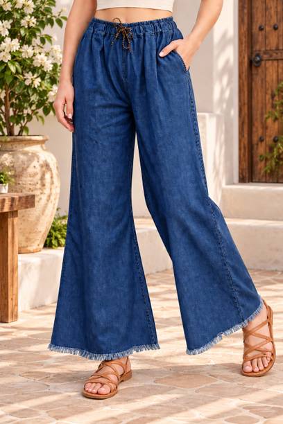 Thread Buzz Mart Women Flared Mid Rise Dark Blue Jeans
