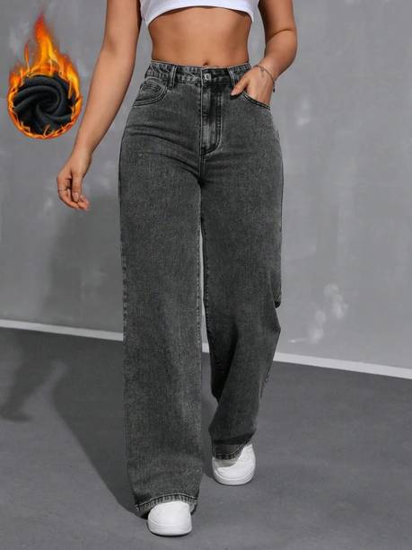 Women Loose Fit Mid Rise Dark Grey Jeans