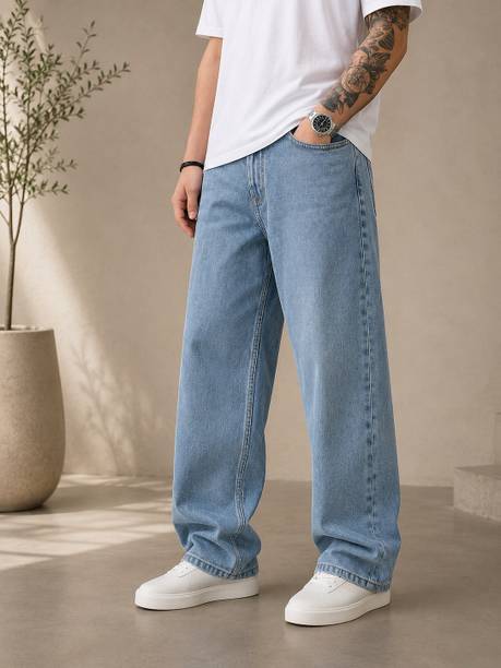 Men Wide Leg Mid Rise Light Blue Jeans