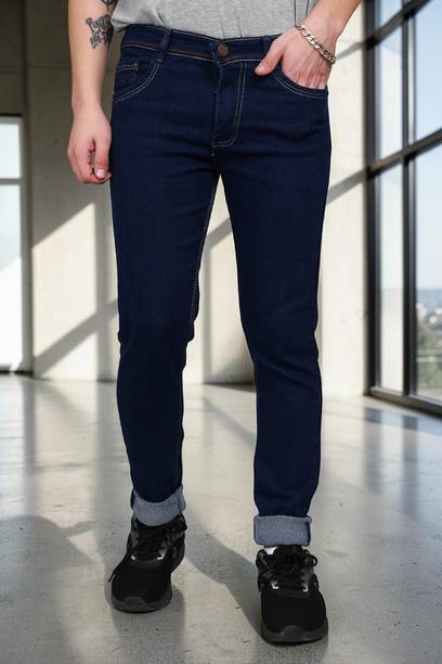 Men Slim Mid Rise Dark Blue Jeans
