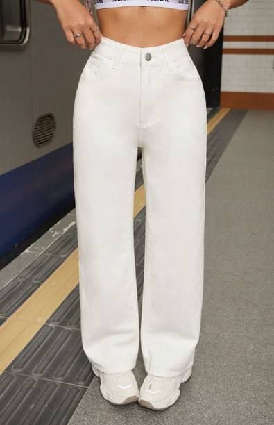 Women Baggy Fit High Rise Beige Jeans