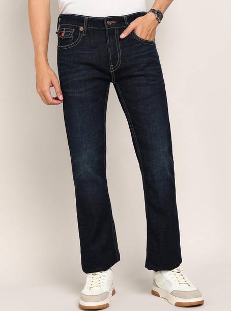 Men Flared Mid Rise Dark Blue Jeans