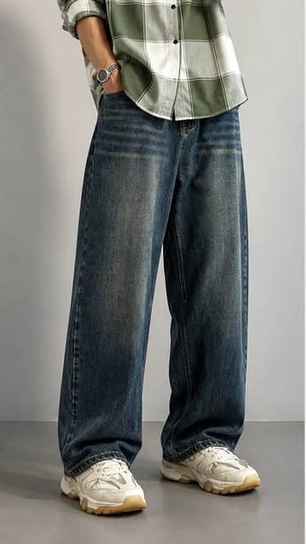 Men Baggy Fit Mid Rise Dark Blue Jeans