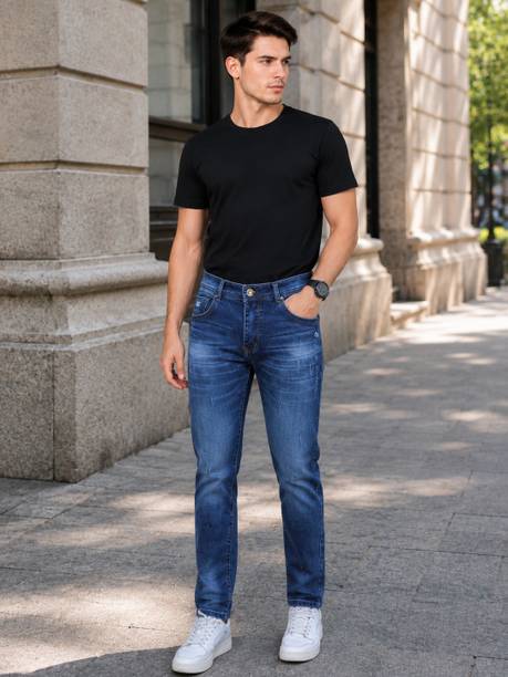 Men Slim Mid Rise Dark Blue Jeans