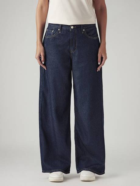Women Loose Fit Mid Rise Dark Blue Jeans