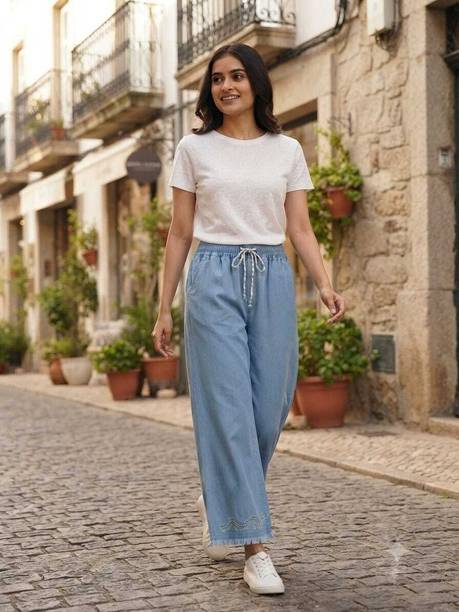 Girls Wide Leg Mid Rise Light Blue Jeans