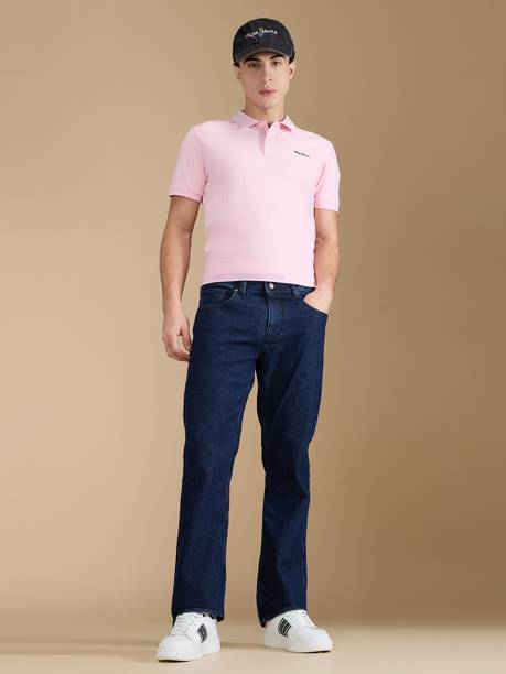 Men Boot-Leg Mid Rise Dark Blue Jeans