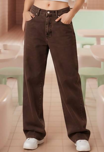 Women Straight Fit Mid Rise Brown Jeans