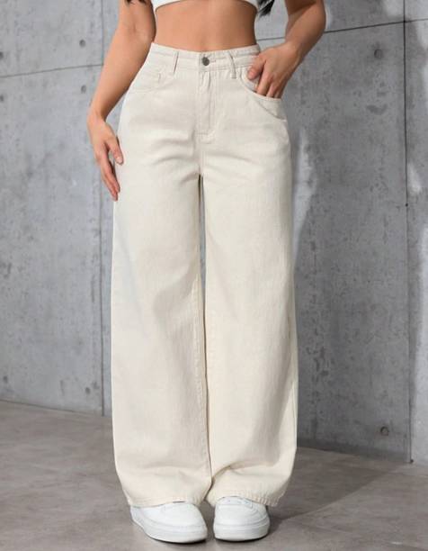 Women Loose Fit High Rise Beige Jeans