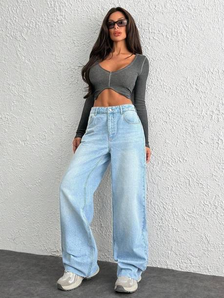 Women Straight Fit Mid Rise Light Blue Jeans