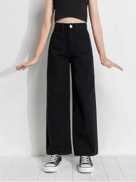 Women Wide Leg Mid Rise Black Jeans