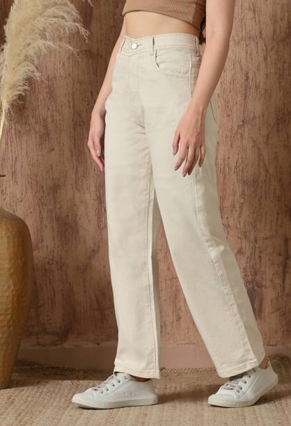 Women Loose Fit Mid Rise Beige Jeans