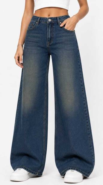 Women Wide Leg Mid Rise Blue Jeans