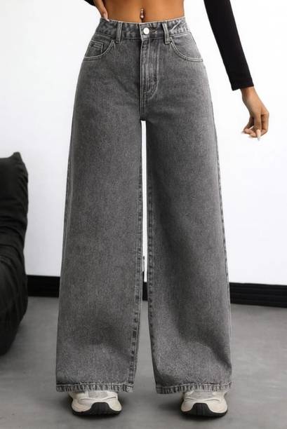 Women Wide Leg Mid Rise Grey Jeans