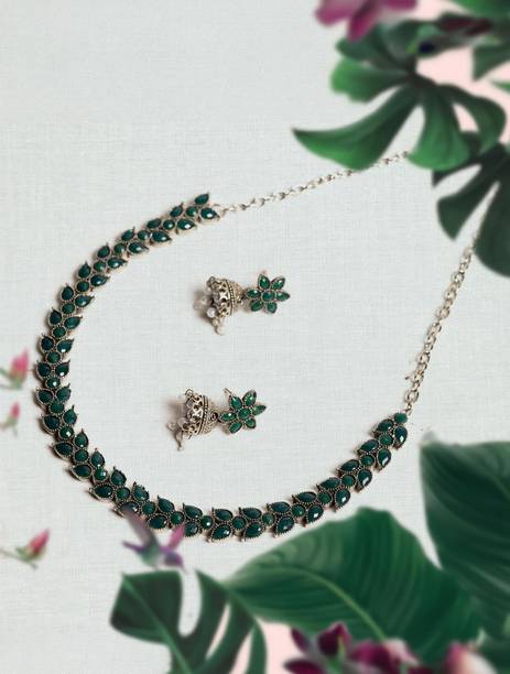 Oxidised Silver Green Jewel Set