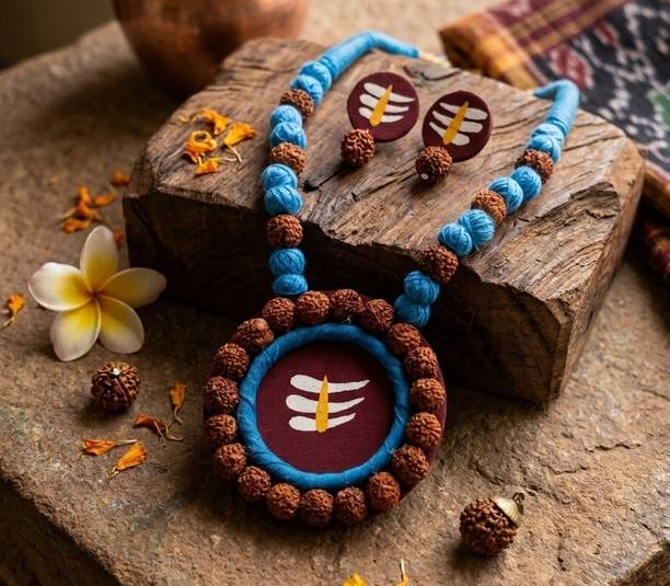 Arna Group Fabric, Dori, Rudraksha, Paper Maroon, Blue Jewellery Set