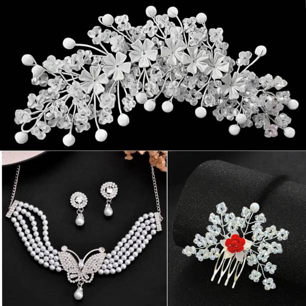 Lunox Fancy White Tiara With Rose Juda Comb & Buterfly Necklace Set For Women & Girls hair combo