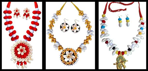 Sanj Fabric, Terracotta, Paper Red, White, Multicolor Jewellery Set