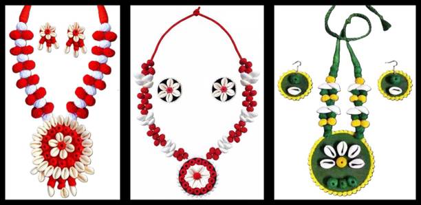 Sanj Fabric, Terracotta, Paper Red, White, Multicolor Jewellery Set