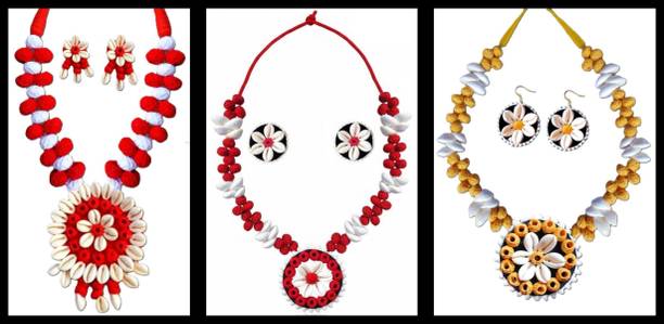 Sanj Fabric, Terracotta, Paper Red, White, Multicolor Jewellery Set