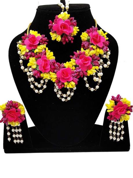 Riya Handcraftejewelry Fabric, Plastic, Paper Pink, Yellow Jewellery Set