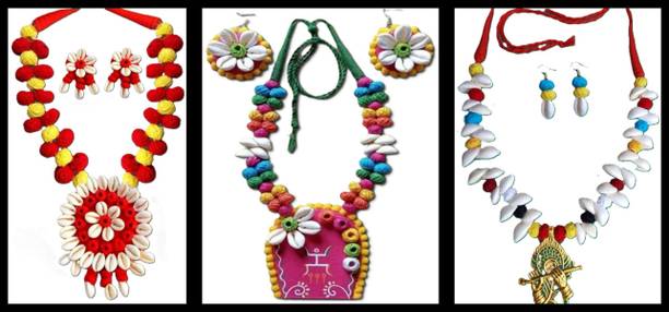 Sanj Fabric, Terracotta, Paper Red, White, Multicolor Jewellery Set