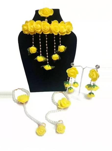 Naazzfashionhub Fabric, Plastic, Paper Yellow, White Jewellery Set