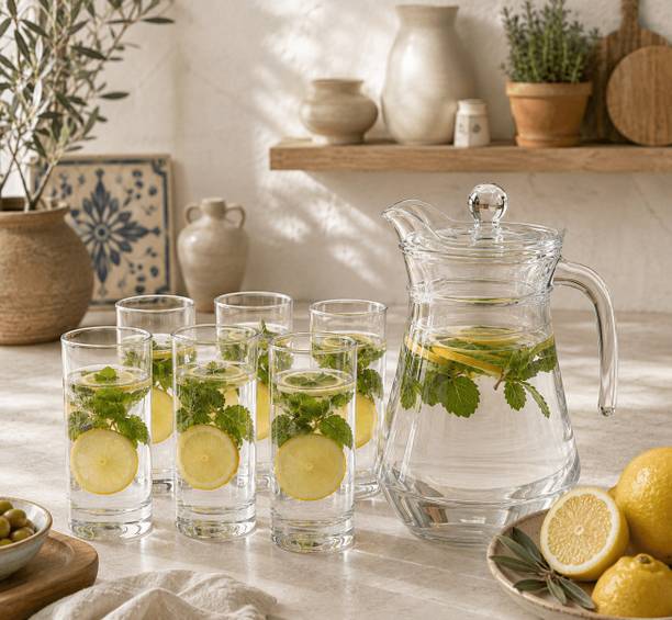 S1Store Elegant Glass Jug Set 1.3L with 6 Glasses 265ml Water Table Service Set Jug Glass Set