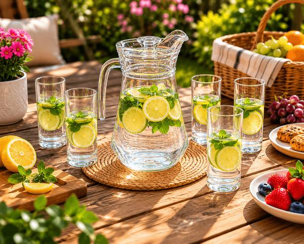 S1Store Elegant Glass Jug Set 1.3L with 6 Glasses 265ml Juice Party Serving Set Jug Glass Set