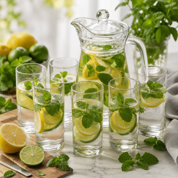 S1Store Premium Glass Jug Set 1.3L with 6 Glasses 265ml Drink Guest Serving Set Jug Glass Set