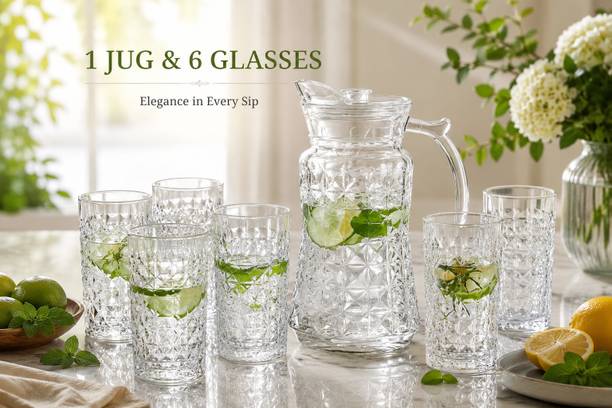 Red-Rubby 1.6 Litre Glass Water Jug & Tumbler Set of 7 |Transparent Beverage Serving Set Jug Glass Set