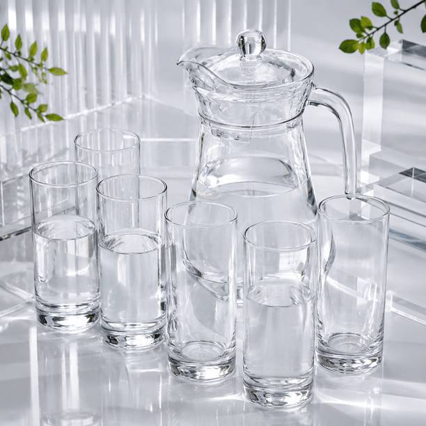 S1Store Premium Glass Jug Set 1.3L with 6 Glasses 265ml Kitchen Guest Serving Set Jug Glass Set
