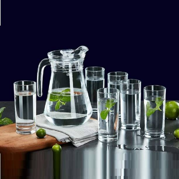 VLKMK Glass jug 1300 ml with Lid Drinking Glasses Set 6 Glass 300ML, Water Jug & Glass Jug Glass Set