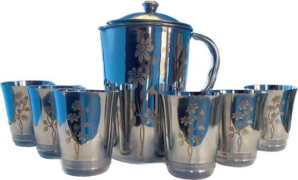 CLASY Fancy 100% Stainless Steel Laser printed Jug with 6 pcs Of Glass set Jug Glass Set