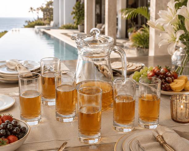 S1Store Premium Glass Jug Set 1.3L with 6 Glasses 265ml Table Beverage Service Jug Glass Set