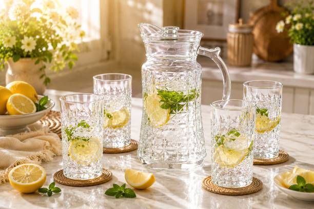 Red-Rubby 1.6 Litre Glass Water Jug and Tumbler Set of 5 | Diamond Pitcher with Lid Jug Glass Set