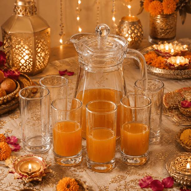 S1Store Premium Glass Jug Set 1.3L with 6 Glasses 265ml Kitchen Kitchen Use Set Jug Glass Set