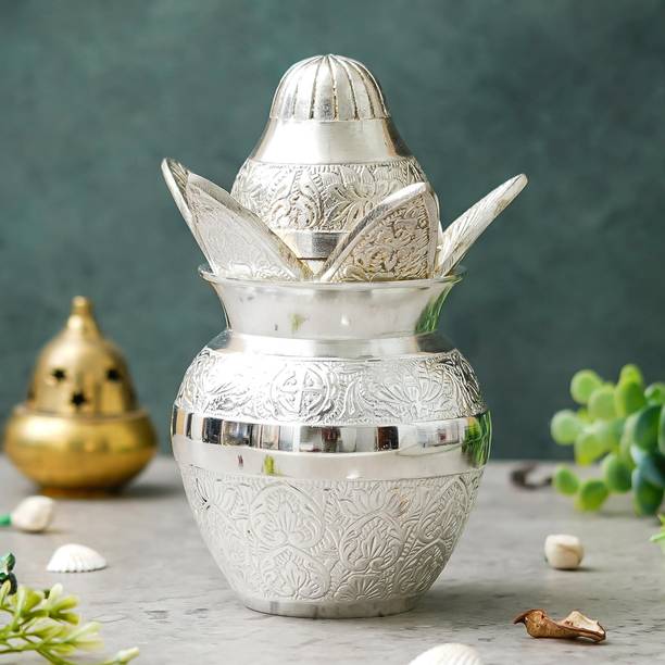 ZenCrafts Silver Plated Pooja Kalash with Coconut for Pooja Decor with Red Velvet Box Silver Kalash