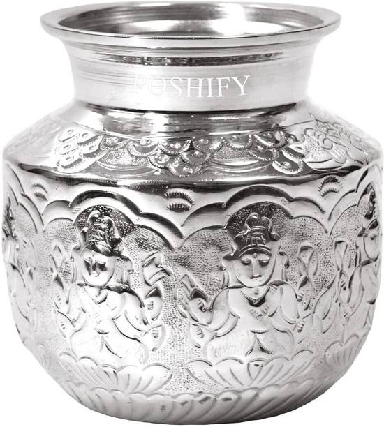 POSHIFY German Silver Chombu/Kalash with Laxmi MATA Photo for Pooja, Spiritual Rituals Silver Kalash