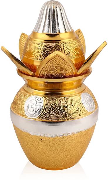 The Healing Store German Gold-Silver Plated Pooja Kalash with Coconut, Leaves and Royal Velvet Box Brass Kalash