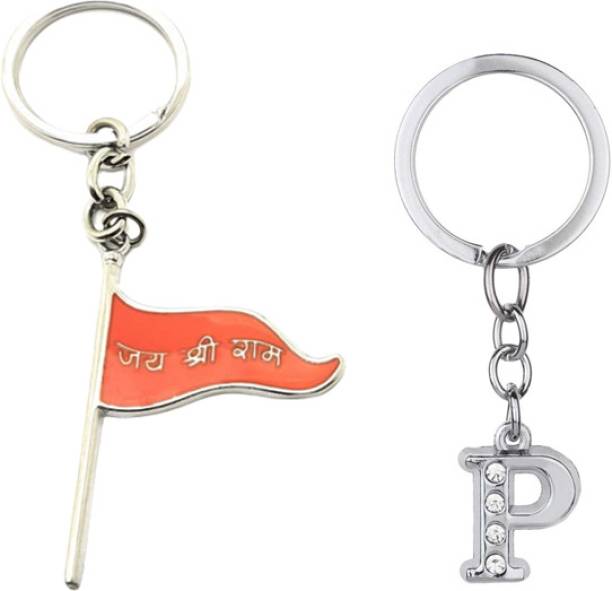 Newview P Alphabet Jai Shree Ram Flag Metal Keychain and Keyring (Orange) Key Chain