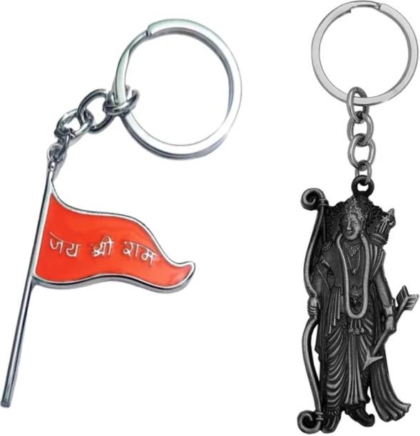 Deethyas Fashion Pack 2 Ayodhya Jai Shree Ram Flag &amp; Lord Rama With Bow &amp; Arrow Double Side Metal Key Chain