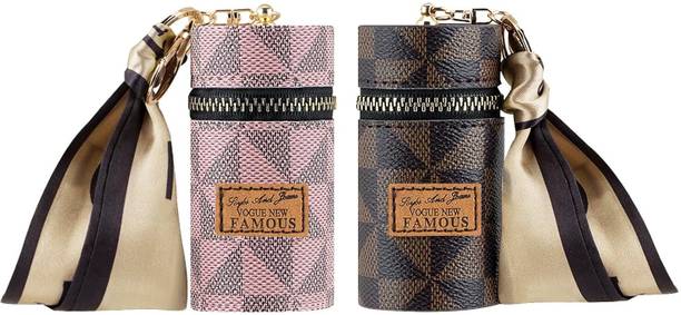 PRANSHI ENTERPRISE Mini Leather Coin Purse Keychain with Tassel – Pink & Brown (Pack of 2) Key Chain