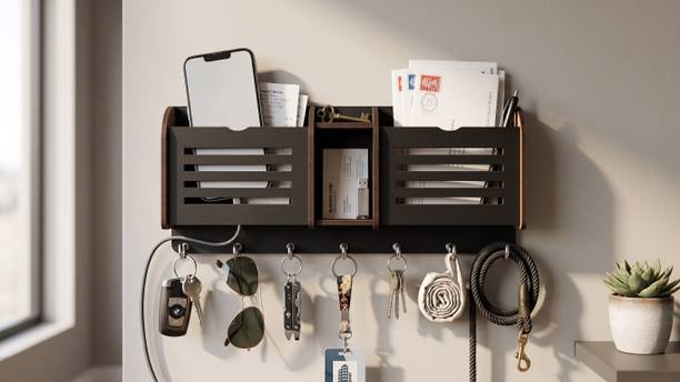 DJR LASER ARTS Horizontal Slat Premium Key holder With 2 Storage Pockets & 1 Open Compartment. Wood Key Holder