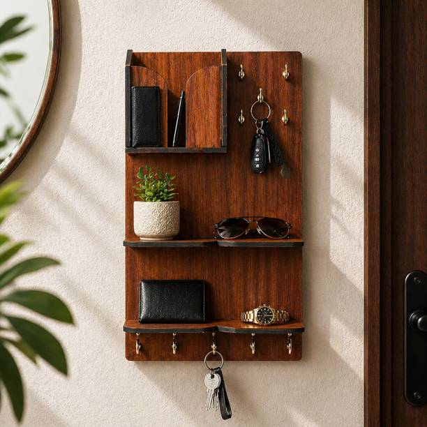 jiyawell Wooden Wall Mounted Key Holder Rack with Hooks & Shelves for Home Organizer Wood Key Holder