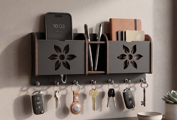 DJR LASER ARTS Noir-Petal Multi-Functional Wall Organizer Dual For Mail & Document + Center Pen Wood Key Holder