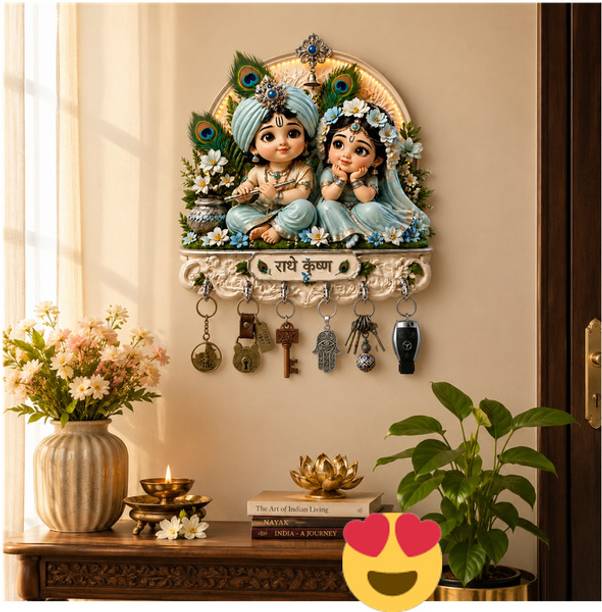 Gulsan Store Radha Krishna Wooden Key Holder for Wall | MDF Home Decor with 6 Ho