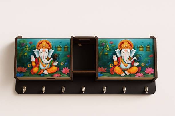 DOLLIFY Ganesh Ji 2 Pocket Pen Stand 7 Hook In Blue Print Wood Key Holder